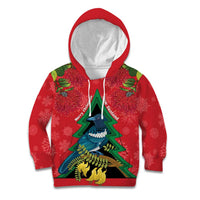 New Zealand Christmas In July Kid Hoodie Kowhai Tui Bird With Pohutukawa - Red LT14 Hoodie Red - Polynesian Pride