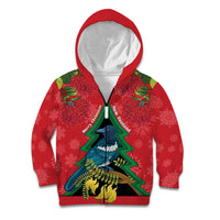 New Zealand Christmas In July Kid Hoodie Kowhai Tui Bird With Pohutukawa - Red LT14 Zip Hoodie Red - Polynesian Pride