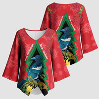 New Zealand Christmas In July Kimono Sleeve Blouse Kowhai Tui Bird With Pohutukawa - Red LT14 - Polynesian Pride
