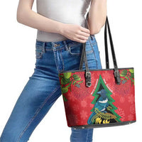 New Zealand Christmas In July Leather Tote Bag Kowhai Tui Bird With Pohutukawa - Red LT14 - Polynesian Pride