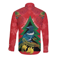 New Zealand Christmas In July Long Sleeve Button Shirt Kowhai Tui Bird With Pohutukawa - Red LT14 - Polynesian Pride