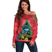 New Zealand Christmas In July Off Shoulder Sweater Kowhai Tui Bird With Pohutukawa - Red LT14 Women Red - Polynesian Pride