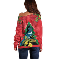 New Zealand Christmas In July Off Shoulder Sweater Kowhai Tui Bird With Pohutukawa - Red LT14 - Polynesian Pride