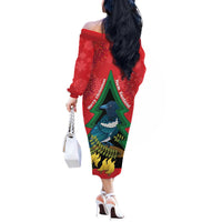 New Zealand Christmas In July Off The Shoulder Long Sleeve Dress Kowhai Tui Bird With Pohutukawa - Red LT14 - Polynesian Pride