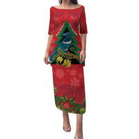 New Zealand Christmas In July Puletasi Kowhai Tui Bird With Pohutukawa - Red LT14 Long Dress Red - Polynesian Pride