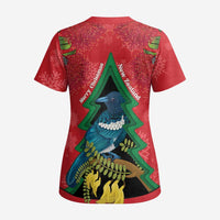 New Zealand Christmas In July Scrub Top Kowhai Tui Bird With Pohutukawa - Red LT14 - Polynesian Pride