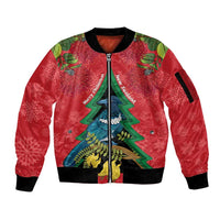 New Zealand Christmas In July Sleeve Zip Bomber Jacket Kowhai Tui Bird With Pohutukawa - Red LT14 Unisex Red - Polynesian Pride