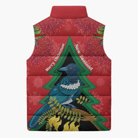 New Zealand Christmas In July Sleeveless Puffer Jacket Kowhai Tui Bird With Pohutukawa - Red LT14 - Polynesian Pride