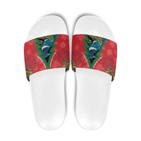 New Zealand Christmas In July Slide Sandals Kowhai Tui Bird With Pohutukawa - Red LT14 Red - Polynesian Pride