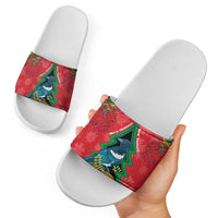 New Zealand Christmas In July Slide Sandals Kowhai Tui Bird With Pohutukawa - Red LT14 - Polynesian Pride