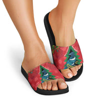 New Zealand Christmas In July Slide Sandals Kowhai Tui Bird With Pohutukawa - Red LT14 - Polynesian Pride