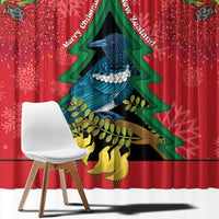 New Zealand Christmas In July Window Curtain Kowhai Tui Bird With Pohutukawa - Red LT14 - Polynesian Pride