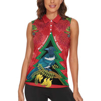 New Zealand Christmas In July Women Sleeveless Polo Shirt Kowhai Tui Bird With Pohutukawa - Red LT14 - Polynesian Pride