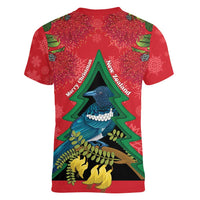 New Zealand Christmas In July Women V-Neck T-Shirt Kowhai Tui Bird With Pohutukawa - Red LT14 - Polynesian Pride