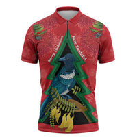 New Zealand Christmas In July Zipper Polo Shirt Kowhai Tui Bird With Pohutukawa - Red LT14 Red - Polynesian Pride