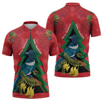 New Zealand Christmas In July Zipper Polo Shirt Kowhai Tui Bird With Pohutukawa - Red LT14 - Polynesian Pride