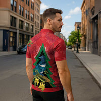 New Zealand Christmas In July Zipper Polo Shirt Kowhai Tui Bird With Pohutukawa - Red LT14 - Polynesian Pride