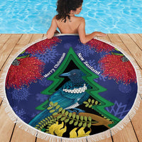 New Zealand Christmas In July Beach Blanket Kowhai Tui Bird With Pohutukawa - Blue LT14 - Polynesian Pride