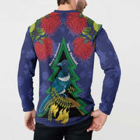 New Zealand Christmas In July Button Sweatshirt Kowhai Tui Bird With Pohutukawa - Blue LT14 - Polynesian Pride