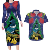 New Zealand Christmas In July Couples Matching Long Sleeve Bodycon Dress and Hawaiian Shirt Kowhai Tui Bird With Pohutukawa - Blue LT14 Blue - Polynesian Pride