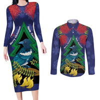 New Zealand Christmas In July Couples Matching Long Sleeve Bodycon Dress and Long Sleeve Button Shirt Kowhai Tui Bird With Pohutukawa - Blue LT14 Blue - Polynesian Pride