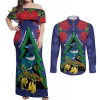 New Zealand Christmas In July Couples Matching Off Shoulder Maxi Dress and Long Sleeve Button Shirt Kowhai Tui Bird With Pohutukawa - Blue LT14 Blue - Polynesian Pride