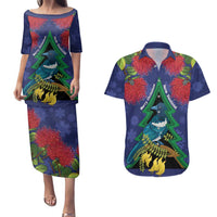 New Zealand Christmas In July Couples Matching Puletasi and Hawaiian Shirt Kowhai Tui Bird With Pohutukawa - Blue LT14 Blue - Polynesian Pride