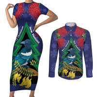 New Zealand Christmas In July Couples Matching Short Sleeve Bodycon Dress and Long Sleeve Button Shirt Kowhai Tui Bird With Pohutukawa - Blue LT14 Blue - Polynesian Pride