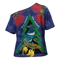 New Zealand Christmas In July Cross Shoulder Shirt Kowhai Tui Bird With Pohutukawa - Blue LT14 - Polynesian Pride