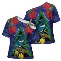 New Zealand Christmas In July Cross Shoulder Shirt Kowhai Tui Bird With Pohutukawa - Blue LT14 - Polynesian Pride