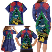 New Zealand Christmas In July Family Matching Long Sleeve Bodycon Dress and Hawaiian Shirt Kowhai Tui Bird With Pohutukawa - Blue LT14 - Polynesian Pride