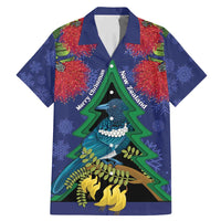 New Zealand Christmas In July Family Matching Mermaid Dress and Hawaiian Shirt Kowhai Tui Bird With Pohutukawa - Blue LT14 Dad's Shirt - Short Sleeve Blue - Polynesian Pride
