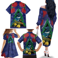 New Zealand Christmas In July Family Matching Off The Shoulder Long Sleeve Dress and Hawaiian Shirt Kowhai Tui Bird With Pohutukawa - Blue LT14 - Polynesian Pride