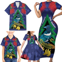 New Zealand Christmas In July Family Matching Short Sleeve Bodycon Dress and Hawaiian Shirt Kowhai Tui Bird With Pohutukawa - Blue LT14 - Polynesian Pride