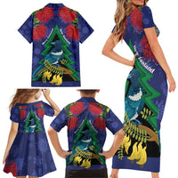 New Zealand Christmas In July Family Matching Short Sleeve Bodycon Dress and Hawaiian Shirt Kowhai Tui Bird With Pohutukawa - Blue LT14 - Polynesian Pride
