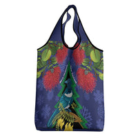 New Zealand Christmas In July Grocery Bag Kowhai Tui Bird With Pohutukawa - Blue LT14 - Polynesian Pride