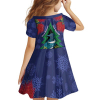 New Zealand Christmas In July Kid Short Sleeve Dress Kowhai Tui Bird With Pohutukawa - Blue LT14 - Polynesian Pride