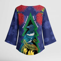 New Zealand Christmas In July Kimono Sleeve Blouse Kowhai Tui Bird With Pohutukawa - Blue LT14 - Polynesian Pride