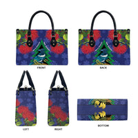 New Zealand Christmas In July Leather Bag Kowhai Tui Bird With Pohutukawa - Blue LT14 - Polynesian Pride