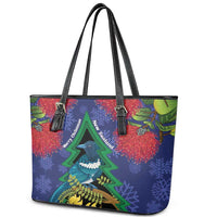 New Zealand Christmas In July Leather Tote Bag Kowhai Tui Bird With Pohutukawa - Blue LT14 - Polynesian Pride