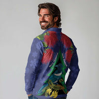 New Zealand Christmas In July Long Sleeve Polo Shirt Kowhai Tui Bird With Pohutukawa - Blue LT14 - Polynesian Pride