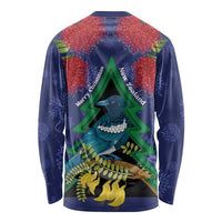 New Zealand Christmas In July Long Sleeve Shirt Kowhai Tui Bird With Pohutukawa - Blue LT14 - Polynesian Pride