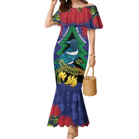 New Zealand Christmas In July Mermaid Dress Kowhai Tui Bird With Pohutukawa - Blue LT14 Women Blue - Polynesian Pride