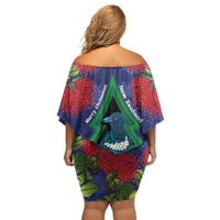 New Zealand Christmas In July Off Shoulder Short Dress Kowhai Tui Bird With Pohutukawa - Blue LT14 - Polynesian Pride