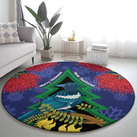 New Zealand Christmas In July Round Carpet Kowhai Tui Bird With Pohutukawa - Blue LT14 - Polynesian Pride
