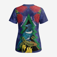 New Zealand Christmas In July Scrub Top Kowhai Tui Bird With Pohutukawa - Blue LT14 - Polynesian Pride
