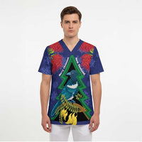 New Zealand Christmas In July Scrub Top Kowhai Tui Bird With Pohutukawa - Blue LT14 - Polynesian Pride