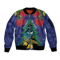 New Zealand Christmas In July Sleeve Zip Bomber Jacket Kowhai Tui Bird With Pohutukawa - Blue LT14 Unisex Blue - Polynesian Pride