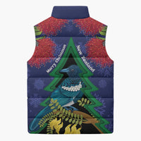 New Zealand Christmas In July Sleeveless Puffer Jacket Kowhai Tui Bird With Pohutukawa - Blue LT14 - Polynesian Pride