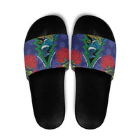 New Zealand Christmas In July Slide Sandals Kowhai Tui Bird With Pohutukawa - Blue LT14 Blue - Polynesian Pride